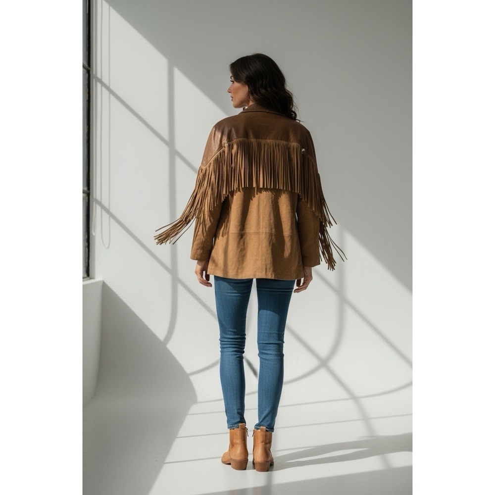 vtg Outerwear By Phoenix tan suede ostrich leather trim rodeo fringe jacket sz L - Picture 7 of 10